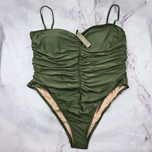J Crew One Piece Green Ruched Sweetheart Swim Padded Cheeky Spaghetti
